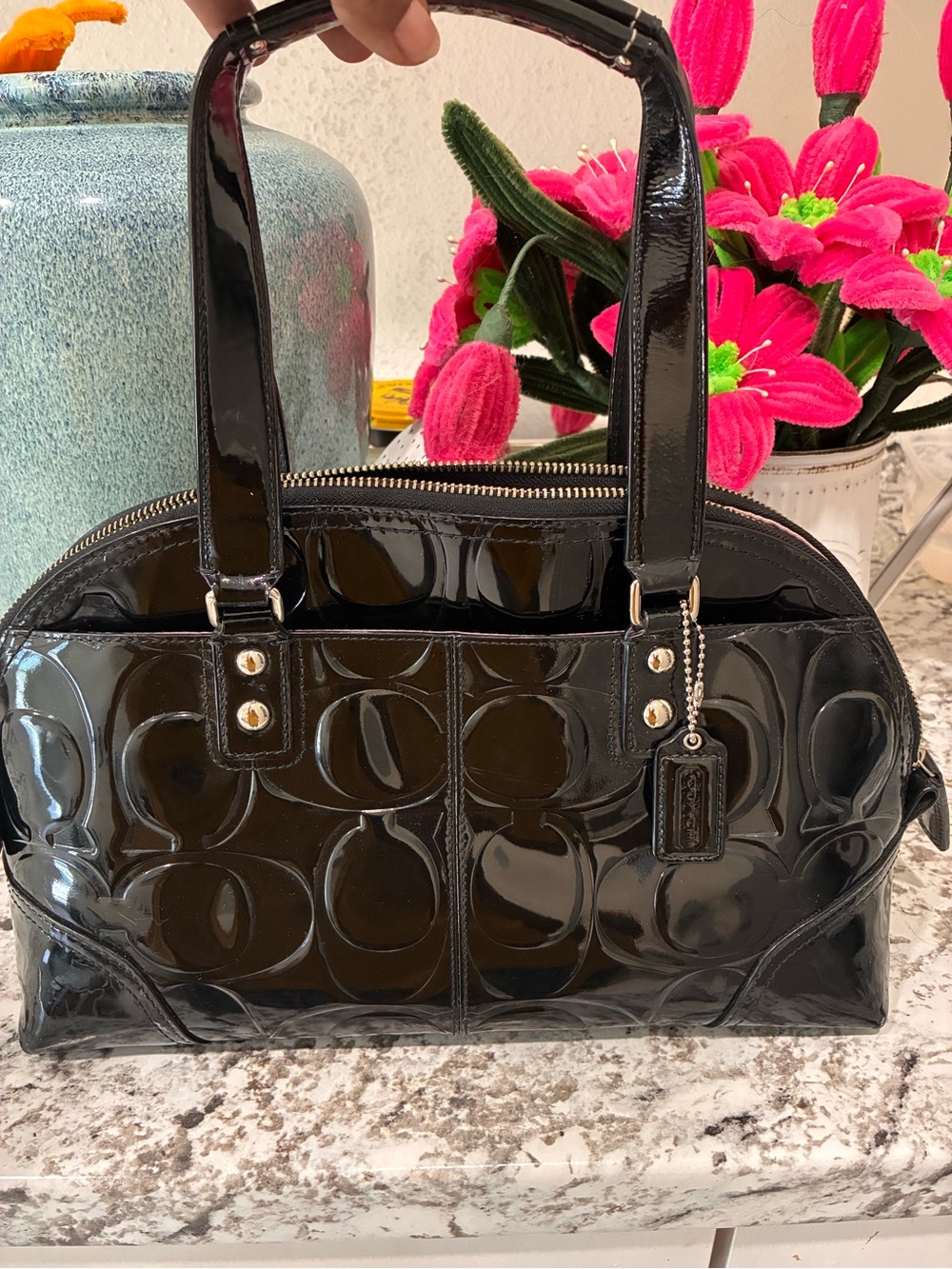Coach Black Patent Leather Logo Dome Satchel